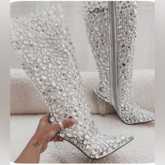 Shoes - Elegant Silver Embellished Women's Boots